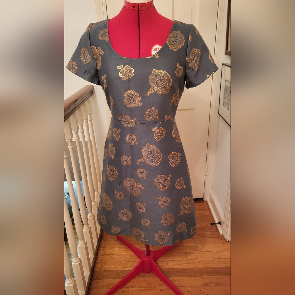 NWOT Ann Taylor Graphite (Gray/Green-Blue) Brocade Dress Gold Floral Sz 4